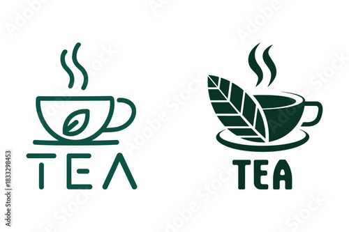 Minimalist green tea logo designs with steaming cups and leaves