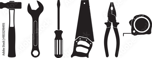 Collection of Black Silhouettes of Common Hand Tools and Measuring Device Keywords: hammer, wrench, screwdriver, saw, pliers, tape measure
