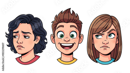 Colorful black outline art of expressive human faces, showing thoughtful, excited, and skeptical reactions, minimal line portrait illustrations, diverse emotions