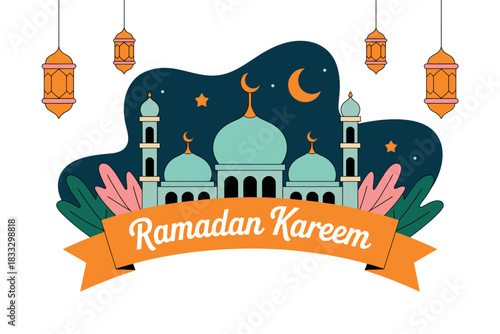 Ramadan Kareem is written on a banner with a mosque and lanterns in the background.