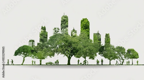 Sustainable city skyline with lush green trees and walking people symbolizing ecological urbanism and eco friendly communities for a greener future