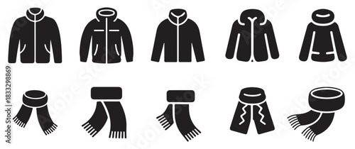 Black silhouette winter vector set featuring seasonal icons such as scarves, and jackets winter elements. Clean and simple black-and-white .
