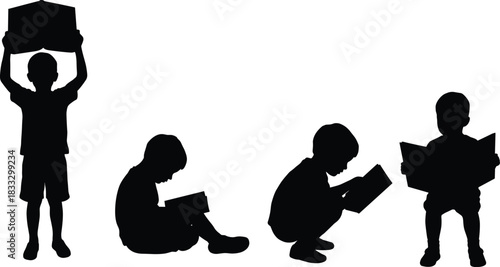 Black silhouettes of four young boys reading books in various poses, vector illustration for education, literacy, and learning concepts.
