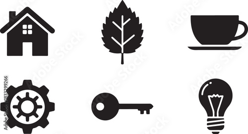 Collection of six black silhouette icons including a house, leaf, coffee cup, gear, key, and lightbulb Keywords: icon, icons, symbol, symbols