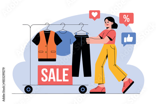 Woman pushing a cart of sale clothing with social media icons above