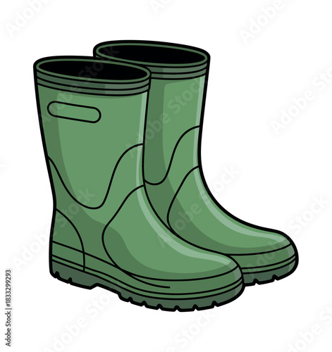 Illustration of a pair of green rubber rain boots with black trim on a white background