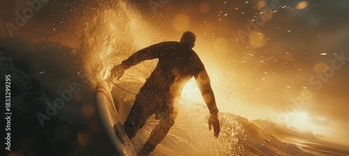 Fototapeta Naklejka Na Ścianę i Meble -  Surfer riding a wave at sunrise with ocean spray and dynamic movement in sports photography