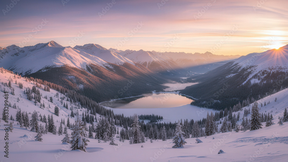 Obraz premium Snowy mountains, trees, and clouds at sunset. Serene winter nature scenery.