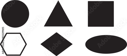 Six Black Geometric Shapes Including Oval Triangle Square Hexagon and Rhombus on White Background Keywords: geometric shapes, basic shapes