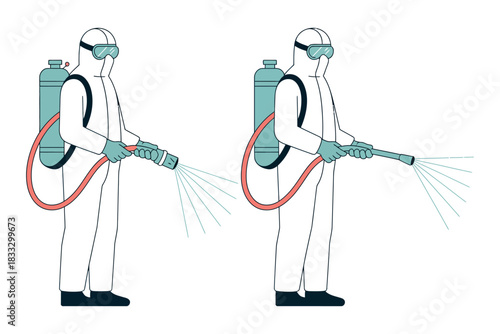 Two people in protective suits spray water from hoses, illustrating a cleaning or decontamination process.