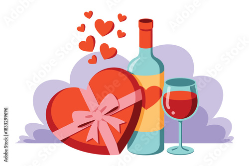 A heart-shaped box of chocolates sits next to a bottle of wine and a glass.