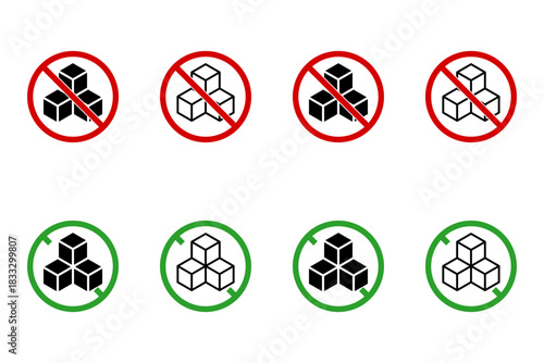 Green and Red No Sugar Added Sugar Free Round Circle Package or Product Info Label Stamp Sign Icon Set with Circle Backslash and Sugar Cube Symbol. Vector Image.