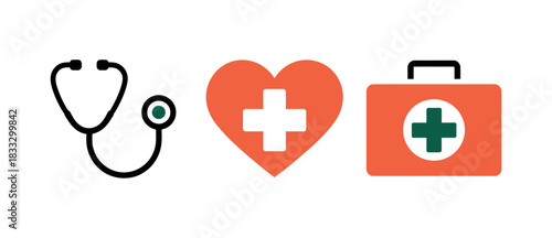Illustration of a stethoscope heart and first aid kit on white background