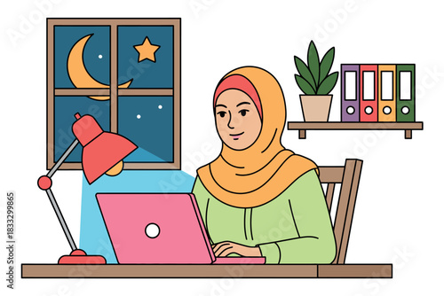 A woman wearing a hijab works on her laptop at a desk at night.