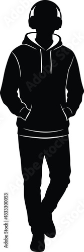 Black silhouette of a young person wearing a hoodie and headphones, standing relaxed with hands in pockets, isolated on a white background, casual style.
