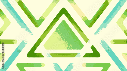 Abstract geometric pattern with green and blue watercolor textures