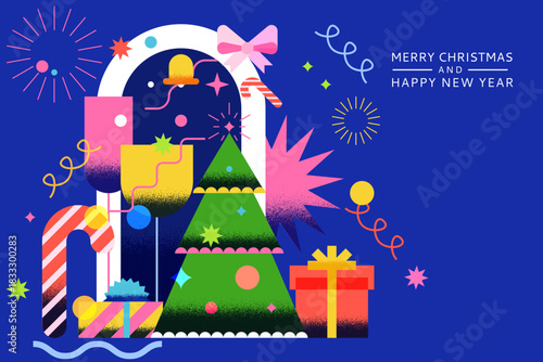 Vector geometric illustration Christmas tree, gifts, champagne. New Year greeting card, party invitation, banner design