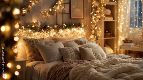 Cozy bedroom with christmas lights and pillows creating a warm and inviting atmosphere indoors