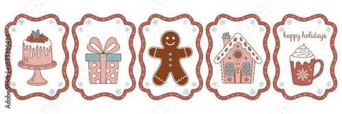 Cozy Hand-Drawn Christmas Illustration Set Featuring Festive Cake, Gift Box, Gingerbread Man, Gingerbread House, and Hot Cocoa Elements for Holiday Cards, Seasonal Decor, and Creative Design Use
