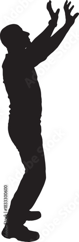 vector,  silhouette of side view of a standing man holding or pushing something imaginary upwards.