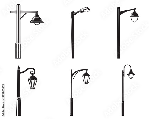 Street lamp and city light icon set. Modern highway LED, utility pole, and vintage park lantern vector collection.