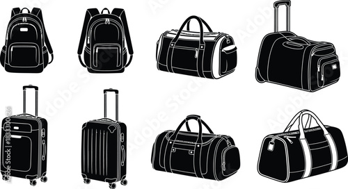 Hand drawn luggage and bags collection in black and white