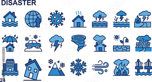 A large collection of blue line art icons depicting various natural disasters, extreme weather events, climate change, global crisis, emergency situations, and catastrophic accidents.