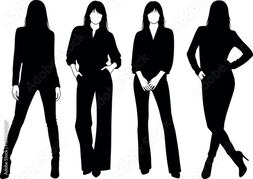 Four black silhouette figures of stylish woman in business attire posing in different confident stances
