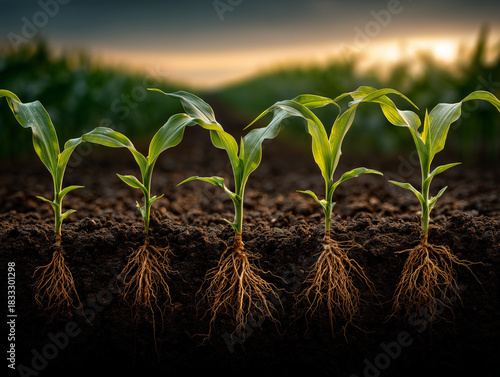 Five young corn plants display robust root systems spreading beneath the soil. Their green stalks and leaves rise from the dark earth, while a wide maize field fades softly into the background.
