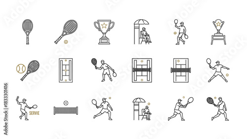 A collection of detailed line art icons representing various elements of tennis, including rackets, balls, courts, players, trophies, and umpire stands, on a white background.