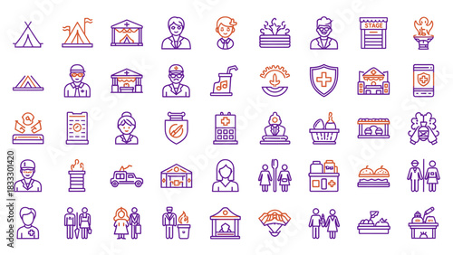 A collection of diverse line icons representing people, professions, buildings, services, and cultural elements in a modern, minimalist style.