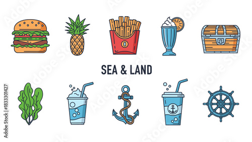 Colorful line art icons depicting a mix of land-based items such as fast food and fruit, alongside sea-themed elements like marine plants, drinks, and nautical symbols.