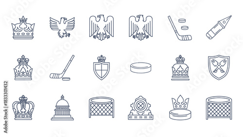 A collection of line art icons featuring heraldic symbols like crowns and eagles, alongside ice hockey equipment and architectural elements.