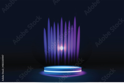 Futuristic illuminated circular stage with neon light bars on dark background - high-tech pedestal for product display or event