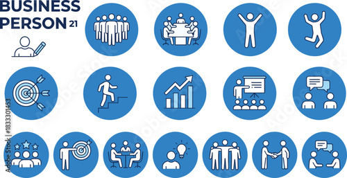 Blue business person icon set, vector collection including teamwork, success, meeting, strategy, management, career growth, financial chart, presentation, handshake, communication symbols, 