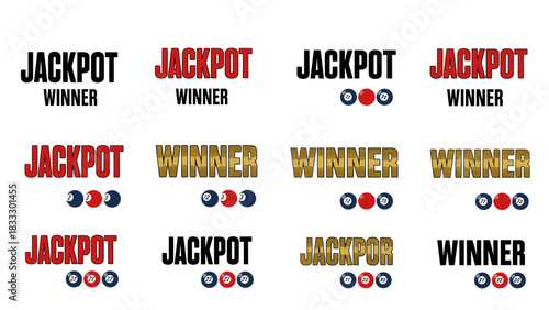 A collection of various jackpot and winner text designs with billiard balls.