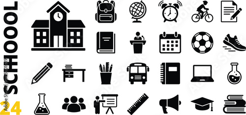 Back to School Education Icon Set Vector Illustration, Academic Study Learning Symbols Collection, University College Knowledge Icons Including Teacher, Student, Book, Laptop, Globe, and Science Gear.