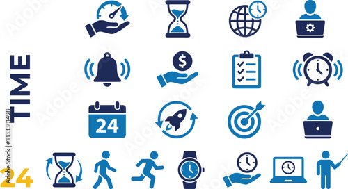 Blue color time management vector icon set collection including clock, hourglass, calendar, and business productivity symbols isolated on white background for project planning design.