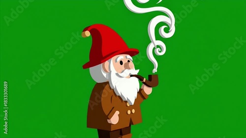 Cartoon Garden Gnome Smoking Pipe With Swirling Smoke.