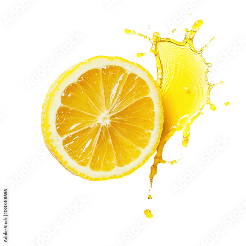 Fresh lemon slice with yellow splash isolated on transparent background