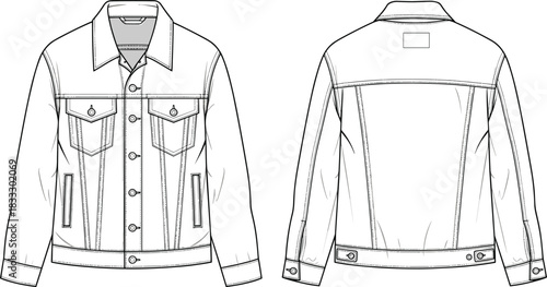 Technical fashion flat sketch for a men's classic denim trucker jacket template with front and back view, apparel clothing vector illustration design for garment specification sheets and style guides.