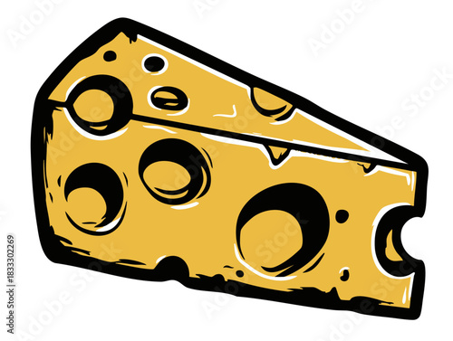 A simple flat illustration of a wedge of yellow Emmental Swiss cheese with holes