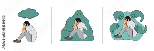 Depression concept illustration of man sitting with head in hands