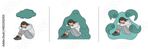 Depression concept illustration of woman sitting with head on arms