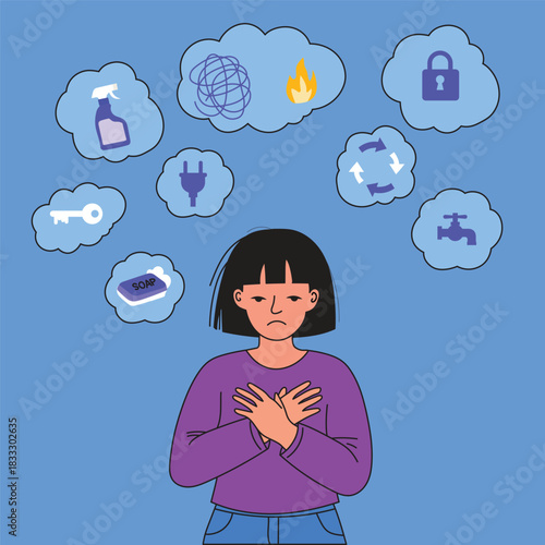 OCD concept illustration of woman stressed by cleaning and checking thoughts