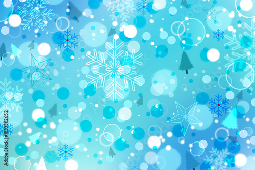 Winter themed background with snowflakes stars christmas trees and bokeh lights