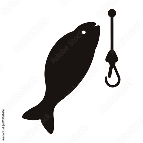 Black and white silhouette depicts fish caught on a fishing hook