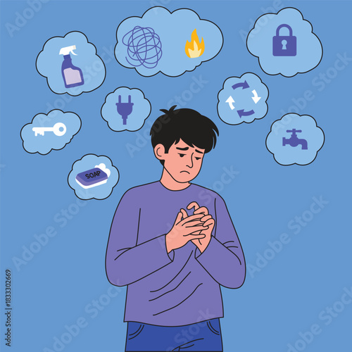 OCD concept illustration of man stressed by cleaning and checking thoughts