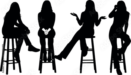 Silhouette collection of four different female figures sitting on tall bar stools