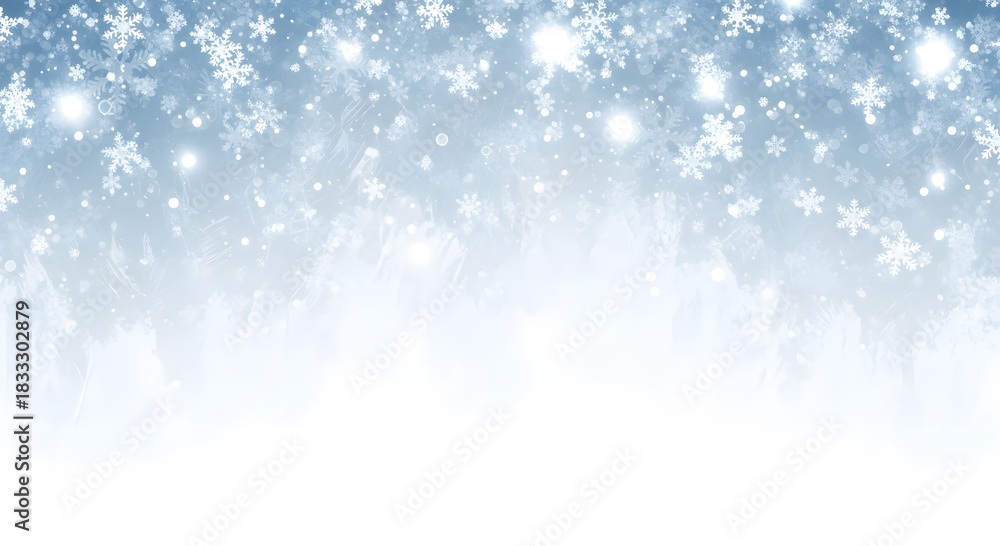 Fototapeta premium Painted winter background with glowing particles and falling snow on a light blue gradient